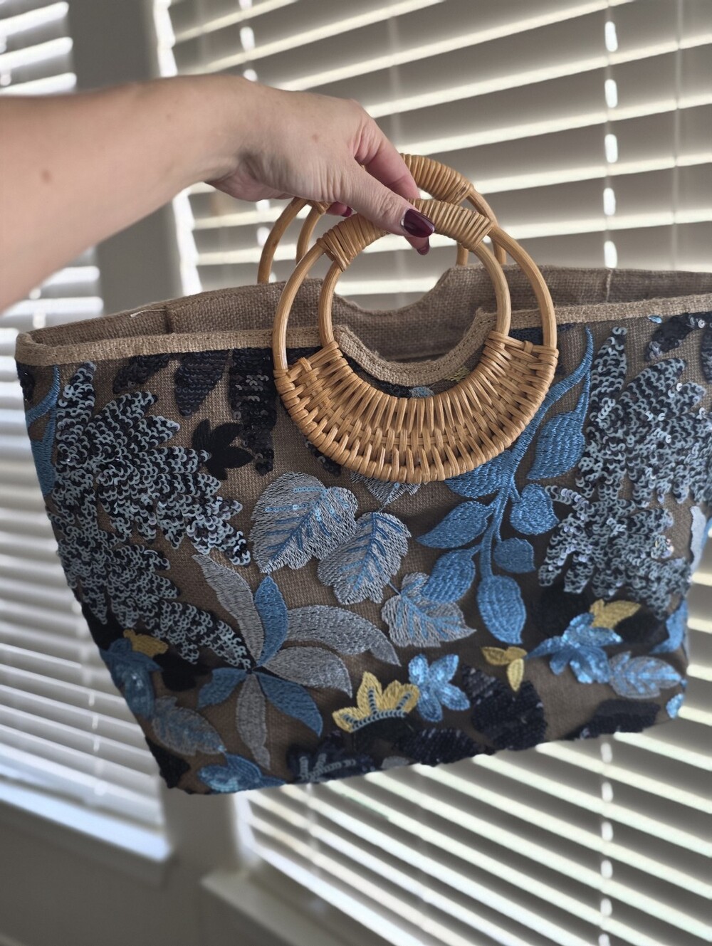 Beach Sequined Beige Woven Tote Bag with Bamboo Handles